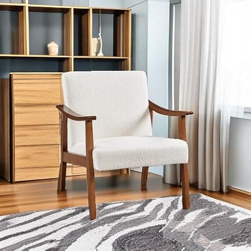 Yaheetech Fabric Accent Chair, Mid-Century Modern Armchair with Solid Wood Legs, Reading Leisure Chair with High Back for Living Room Bedroom Waiting Room,Ivory 5