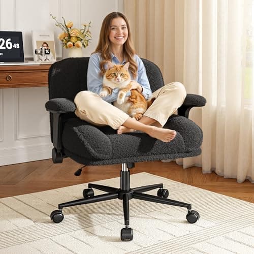 DurayLoly Criss Cross Chair with Wheels,Wide Cross Legged Office Chair with Flip-Up Arms & Extra-Deep Seat Thickened for Home Office,Vanity, Bedroom,Apartment Dorms,Plush Cushion,Comfy,Black