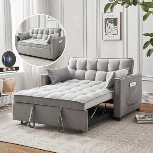FENFSHE 3-in-1 Loveseat Sleeper Sofa, Modern 55.5" Pull Out Couch, Velvet Upholstered Futon Sofa Bed with Adjustable Backrest, Convertible Sofa Bed with Storage Pockets for Living Room(Light Grey)