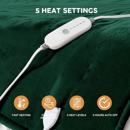 HYLEORY Heated Electric Blanket Twin 62"x84" Soft Fleece & Flannel with 5 Heating Levels & 10 Hours Timer Auto Shutt Off, ETL Certified, Washable，Heated Blanket for Body-Dark Green 7