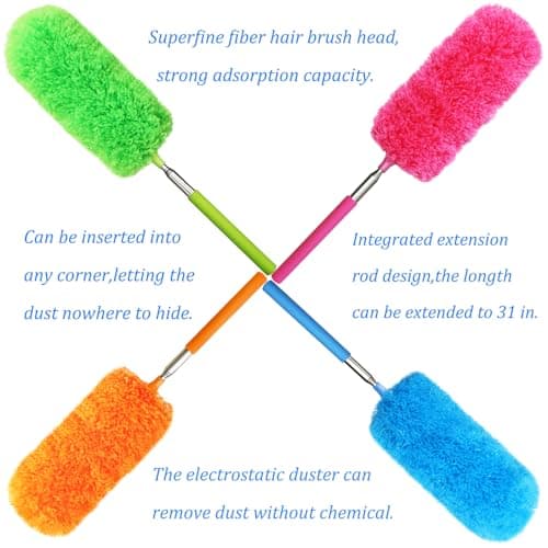 4 Pack Microfiber Feather Duster, with Extendable Pole and Bendable Head, Washable Microfibre Cleaning Tool for Cleaning Office, Car, Computer, Furniture, Sofa, Photo Frame 7