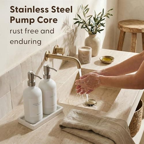 MaisoNovo Soap and Lotion Dispenser Set - Bathroom Soap Dispenser Set with White Soap Dispenser, Silver Pumps & Concrete Tray 8