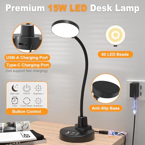 15W LED Desk Lamp with USB Charging Ports – Dimmable Table Lamp with 3 Color Temps, 5 Brightness, 4 Timers, Flexible Gooseneck Light with Base, Eye-Caring Reading Light for Home Office, Bedroom, Study 8
