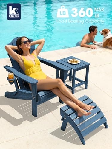 KINGYES Folding Adirondack Chair, HDPE All-Weather Patio Chairs with Cup Holder, Wooden Textured Fire Pit Chairs for Poolside, Backyard, Deck, Navy 11