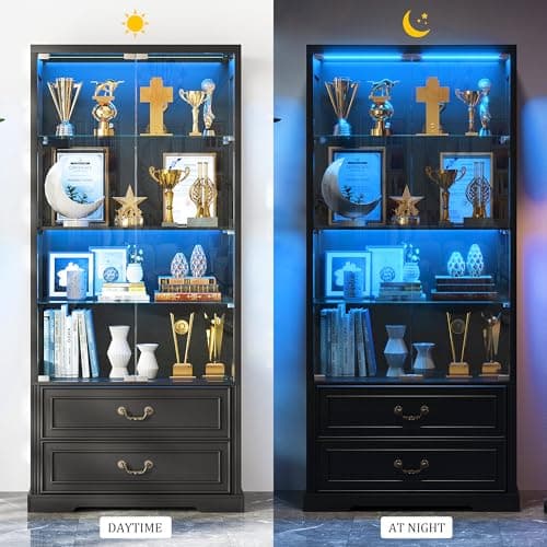 FREDEES Display Cabinet with Glass Doors,67" Adjustable Display Shelf with 2 Drawers and 4 Tier Curio Cabinet,Tall Bookcase with 3 Color Lights and Human Body Sensor for Toys,Books（Black） 6