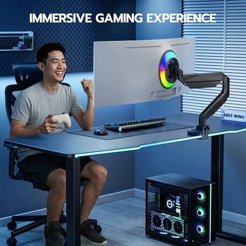 ARES WING Ultrawide Monitor Arm, Heavy Duty Single Monitor Mount for 13"-49" Curved Screens, Adjustable Stand for Desk with C-clamp & Grommet Base up to 40 LBS, Black 9