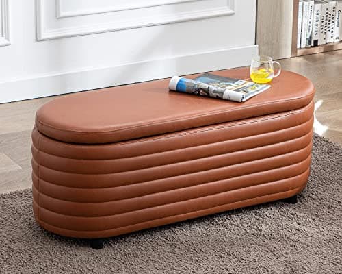 DM Furniture Storage Ottoman Bench Upholstered PU Leather End of Bed Stool with Safety Hinge for Bedroom, Living Room, Entryway (45.5-inch, Brown)