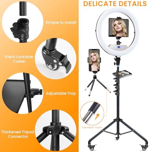 Auriani 22" Large Ring Light with Stand, Upgraded Foldable LED Big Ringlight with 75" Tripod & Mini Tripod Wheel Tray for Live Tattoo Makeup Video Recording Barber Photography 5