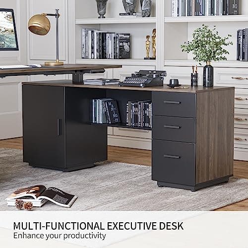 FEZIBO L Shaped Standing Desk, 63 inch Executive Standing Desk, Adjustable Height Desk with Storage Drawers for Home Office, Deep Wood Grainy 6