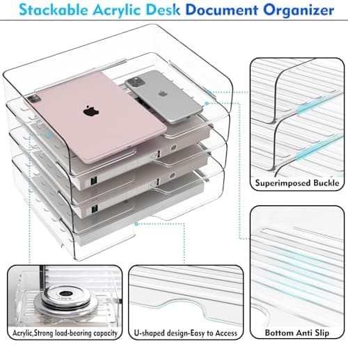 Paper Organizer Letter Tray, 4 Pack Acrylic Stackable Desk File Organizer,Versatile Clear Office Organizer for File Paper, Ipad, Letter, A4 Office File, Books, Notes, Etc 6