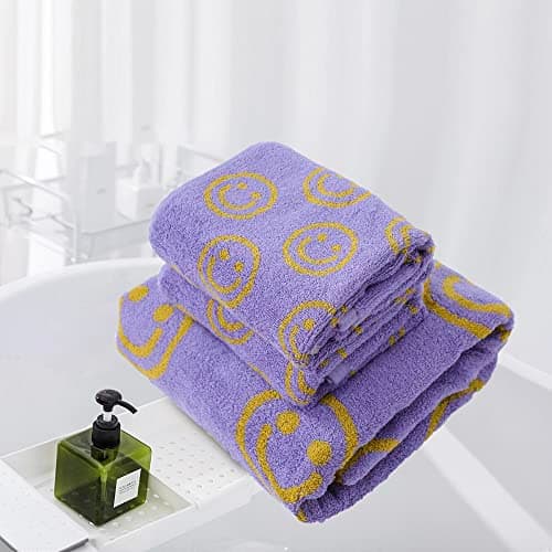 IDORESPELL Luxury Purple Yellow Cute Smiling Face Bath Towel Sets for Bathroom, 1 Bath Towels 2 Hand Towels Washcloths, 100% Cotton Ultra Soft Highly Absorbent for Women Kids Girl Boy Face Body 7
