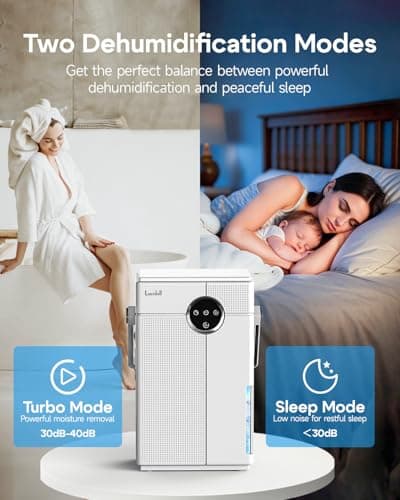 Lacidoll Small Dehumidifier with Drain Hose, 118oz Portable Dehumidifier for RV Camper Bathroom Bedroom Basement Laundry Room, Quiet Dehumidifiers for Home up to 800 sq ft, 7 Colorful Light, White 5