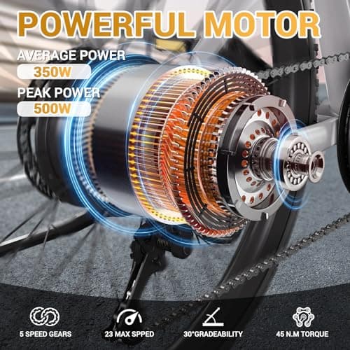 Electric Bike for Adults,Electric Commuter Bike 23MPH,Smart App,26" Tire,Peak 500W Motor,Range 35 Miles,7-Speed,Electric BIcycle with 360Wh Removable Battery Hidden,Suspension Fork,LCD Display 5