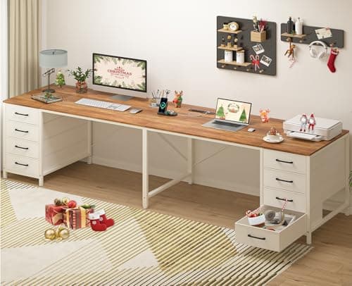 TVU 95" 2 Person Desk with 8 Drawers, Large Writing Home Office Desks with Outlets, I Shaped Workstation Double Desk Drawer Organizers (Antique White)