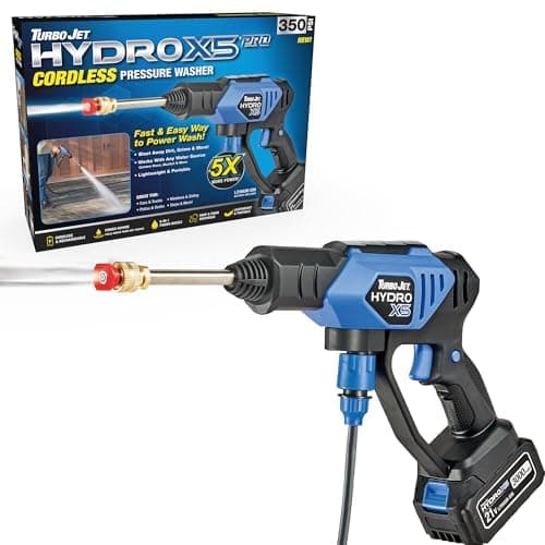 Turbo Jet Hydro X5 Max Portable Cordless Pressure Washer (21V 5000mAh Battery), 6-in-1 Nozzle, Dual Water Source, 16ft Detachable Hose