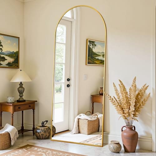 LadyNow Full Length Mirror, 58"x18" Oversized Arched Floor Mirror Freestanding, Long Arch Full Body Floor Standing Mirrors with Stand, Tall Hanging Mounted for Bedroom Modern Living Room Home, Gold