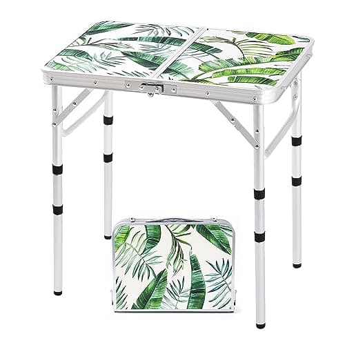 Folding Camping Table 2ft Portable Pinic Table Adjustable Height Small Card Table Aluminum Foldable Lightweight with Carry Handle for Outdoor Indoor Hiking Camp BBQ Beach (Monstera Palm Leaves)