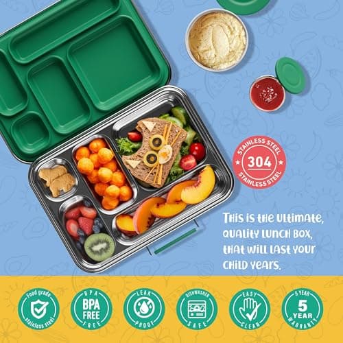 AOHEA Stainless Steel Bento Box Kids, Kids Metal Bento Lunch Box BPA Free Lunch Box Containers 304 Stainless Steel Bento Box for School and Office(Green) 3