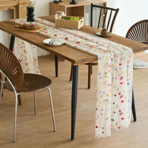 Floral Table Runner with Daisy Embroidery - 29x120 Inch White Polyester Table Decor for Wedding, Summer Party, Holiday Dining Decorations (Beige)
