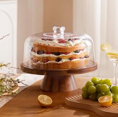 Farmyards Acacia Wood Cake Stand with Acrylic Dome Lid - 12in Acacia Wood 2-in-1 Footed Round Cake Holder, Cake Plate Display with Cover for Baking Gifts, Large Dessert Table Display Set & Charcuterie Board for Parties 5