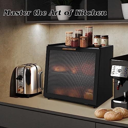 Joyvilla Double Layer Bamboo Bread Box for Kitchen Countertop, Bread Storage Container, Black Bread Box with Window, Large Capacity 5