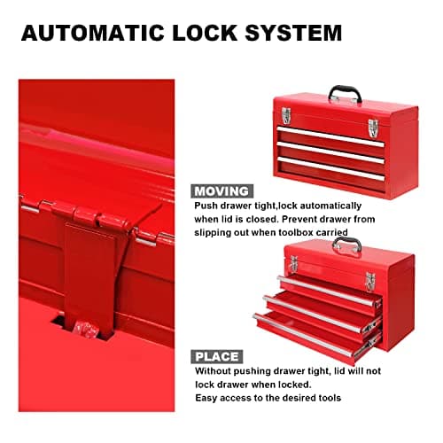 BIG RED ANTBD133-XB Torin 20.5" Portable 3 Drawer Steel Tool Box with Metal Latch Closure, Red 6