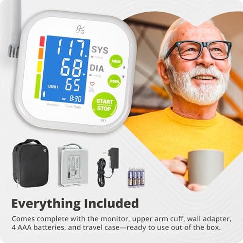 Greater Goods Upper Arm Blood Pressure Monitor for Home Use – Automatic One-Touch BP Machine, Wide-Range Cuff (8.7”–16.5”), Large Backlit Display, 2-User Memory, Complete Kit 7