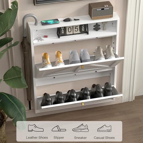 STEELIST Metal Shoe Cabinet with 2 Flip Drawers, White Freestanding Shoe Cabinet Organizer with Open Storage, Slim Narrow Shoe Organizer Cabinet for Entryway, Slim Entryway Storage Solution 5