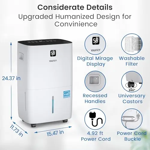Yaufey 150 Pints Energy Star Dehumidifier with Pump for Home, Basement and Large Room up to 7000 Sq. Ft., With Drain Hose, Timer, Intelligent Humidity Control and Large Water Tank 9