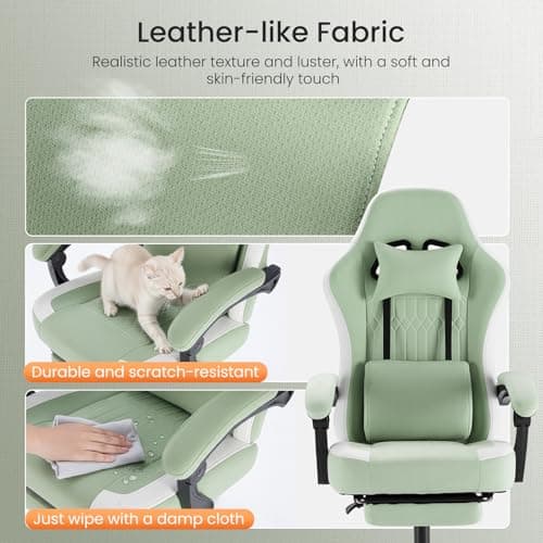 Sweetcrispy Computer Gaming Chair - High Back Ergonomic Desk Chair with Footrest and Lumbar Support, Height Adjustable Task Chair with Linkage Armrests and Headrest, 360° Swivel Wheels, Green 5