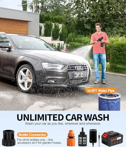 KimPump Cordless Pressure Washer Battery Operated, 500 PSI Cordless Power Washer with 6-in-1 Nozzle & Foam Cannon, Handheld Pressure Washer with Triple Water Source & 16FT Hose for Car, Home, Yard 7