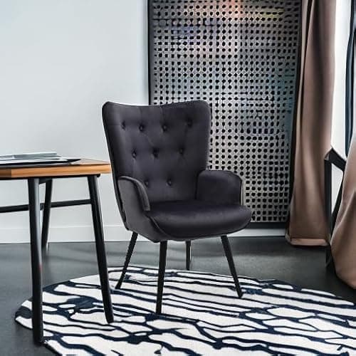 Furnimart Black Velvet Accent Chair Mid Century Modern Living Room Chairs; Comfy Armchair Leisure Vanity Guest Wingback Chair for Office Study Vanity Bedroom Waiting Room 5