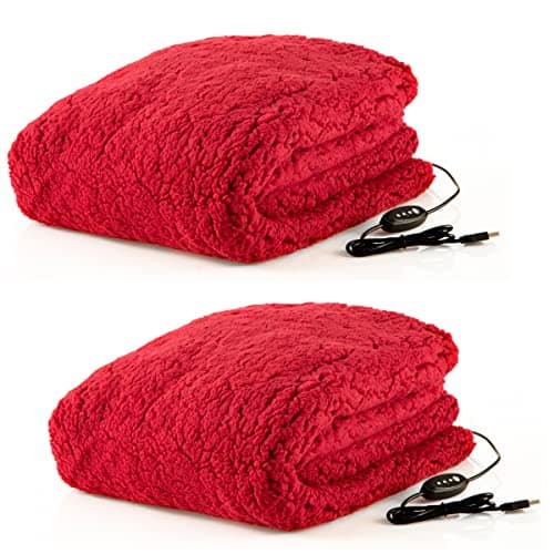 Heated Blanket 2-Pack - USB-Powered Sherpa Throw Blankets for Travel, Home, Office, or Camping - Winter Car Accessories by Stalwart (Red Wine)