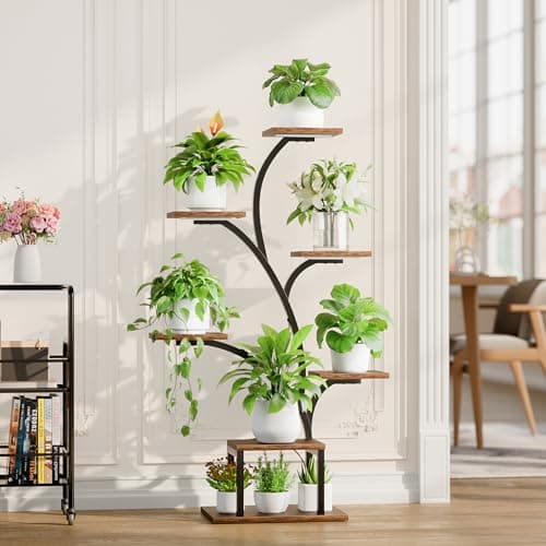 BACEKOLL Plant Stand Indoor with Grow Lights, 7 Tiered Indoor Plant Shelf, 49" Corner Plant Stands for Indoor Plants, Metal Plant Flower Display Shelf, Tree-Shaped Plant Rack for Home, Patio, Brown 7