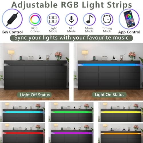 Gyfimoie 9 Drawer Dresser with Power Outlet, Dresser with LED Light, Modern Chest of Drawers for Closet, Double Wide Drawer Organizer Cabinet for Bedroom, Living Room (Black, 9 Drawers) 4