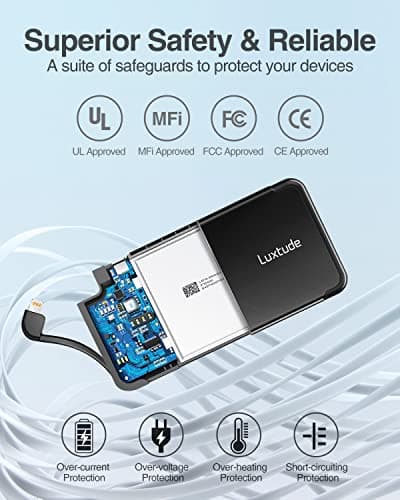 Luxtude Portable Charger iPhone Built in Lightning Cable (MFi Apple Certified), Ultra Slim Portable Phone Charger Thin Battery Pack, 5000mAh Power Bank for iPhone 14/13/12/11/10 etc. (Metal Black) 5
