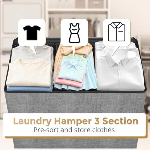 Optish 180L Laundry Hamper 3 Section, Large Laundry Hamper with Lid, Dirty Clothes Hampers with Handles, Laundry Basket Organizer for Laundry, Bedroom, Bathroom, Laundry Sorter Baskets, Grey 6