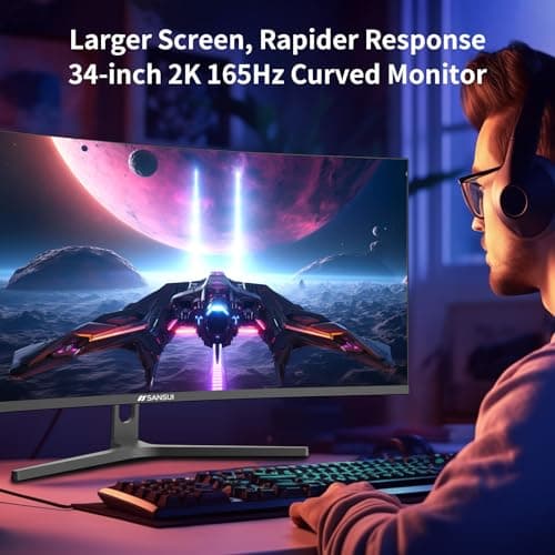 SANSUI 34-Inch Curved Gaming Monitor UWQHD 3440 x 1440 Up to 165Hz Curved 1500R - PIP/PBP, 1ms(MPRT), HDR, 300nits, sRGB 125%, DCI-P3 95%,FreeSync,HDMIx2,DP1.4x2 (DP Cable Included) 9