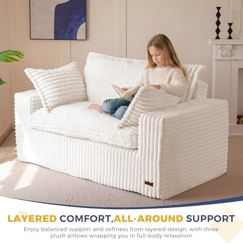 MAXYOYO 59" Bean Bag Sofa Couch, Loveseat Boneless Couch in a Box, Upholstered Small Mini Sofa with Deep Seating for Living Room Bedroom Office Apartment, No Assembly, Beige 7