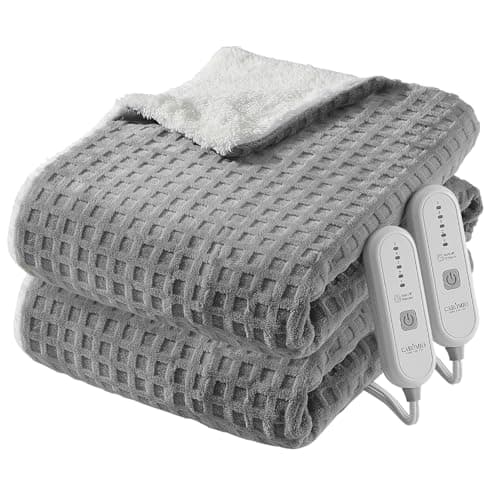 CAROMIO Heated Blanket King Size with Dual Control, Waffle Fast Heating Electric Blankets with ETL Certified, Soft Flannel & Sherpa Heat Throws, 5 Heating Levels & 10 Hours Auto Off, Grey, 100" x 90"