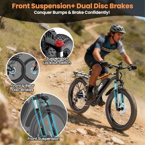 Adult Fat Tire Electric Bike 1500W Peak Motor - 48V 15Ah Fast Electric Mountain Bike, 20MPH & 60 Miles Long Range Ebike, 26" All Terrain E-Bike for Men Women with Lockable Suspension & 7 Speed Gears 7