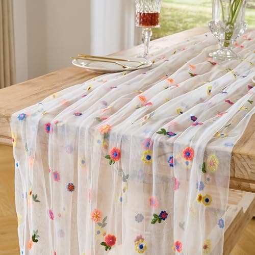 BINBE 1pcs Ivory Daisy Spring Table Runner Embroidery Gauze 10FT Florals Seasonal Tulle Holiday Birthday Kitchen Dining Table Decor for Home Party