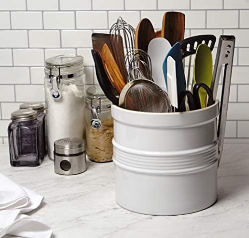 RSVP International Large Ceramic Utensil Holder, Kitchen Tool Crock Includes Removable Divider Allows Tools to Stand Straight, Non-Scratch Bottom to Protect Countertops, 7.5x7, White 6
