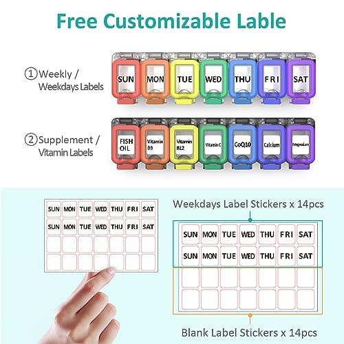 Fullicon Weekly Pill Organizer 7 Day Ultra Moisture and Spill Proof Daily Pill Box, Large Medicine Case with Secure Buckle, Compact Travel Pill Container for Pill, Vitamin, & Fish Oil (Rainbow Black) 5