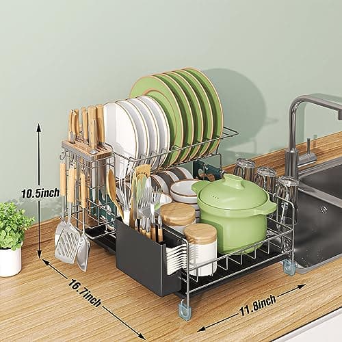 slhsy Dish Drying Rack - Large Capacity Stainless Steel Dish Rack for Kitchen Counter, 2-Tier Detachable Kitchen Organizers and Storage Rack with Drainboard and Cutlery Holder, Silver 7