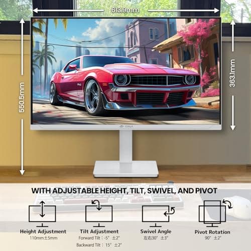 CRUA 27" Gaming Monitor, 144Hz 4K UHD(3840*2160P) IPS Screen, Supports Height/Pivot/Rotating/Tilt Adjustable Vertical Monitor, AMD Freesync, 120% sRGB, Built-in Speakers, Wall Mountable Installs-White 7