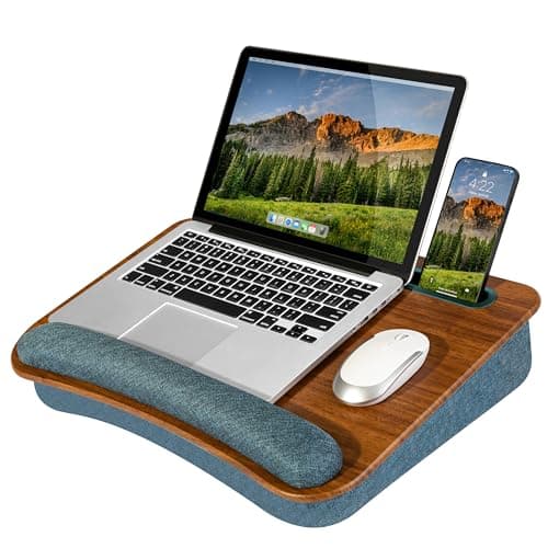 LAPGEAR Portable Laptop Lap Desk with Pillow Cushion, Anti-Slip Strip, Tablet or Phone Storage Slot, Pen and Pencil Pocket, and Wrist Rest - Espresso Woodgrain - Fits 17.3" Laptops - Style No. 91342