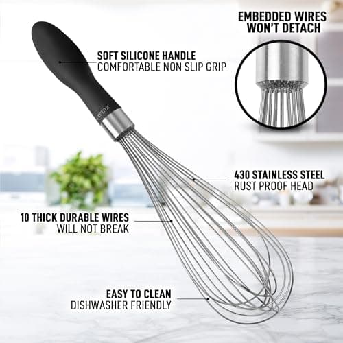 Zulay Kitchen Stainless Steel Balloon Whisk 11 Inch – Durable Wire Whisk with Soft Grip Silicone Handle – Versatile Kitchen Whisk for Blending, Beating, Frothing, Stirring & More - Black 6