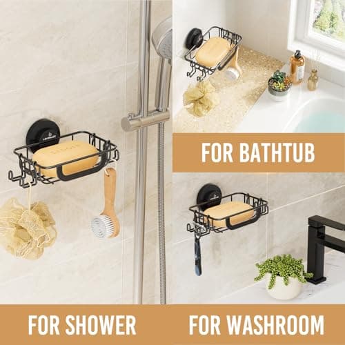 LEVERLOC Soap Holder Dish Bar with Hooks, Bar Soap Holder Suction Cup Wall Mounted, Self Draining Stainless Steel NO-Drilling Removable Waterproof for Shower Bathroom Bathtub Sink-Black 7