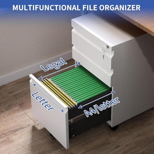 Allouncer 3 Drawer Filing Cabinet with Lock, File Cabinets for Home Office, Locking File Cabinet, Under Desk Mobile File Cabinet for A4-Size/Letter-Size/Legal-Size, Fully Assembled(White) 7
